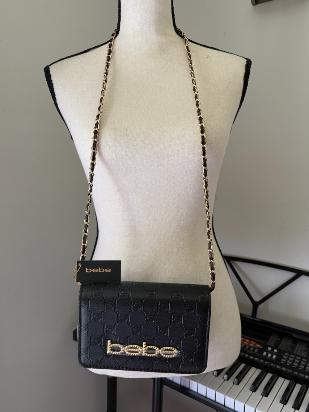 bebe Black Quilted Crossbody with Gold Chain and Logo